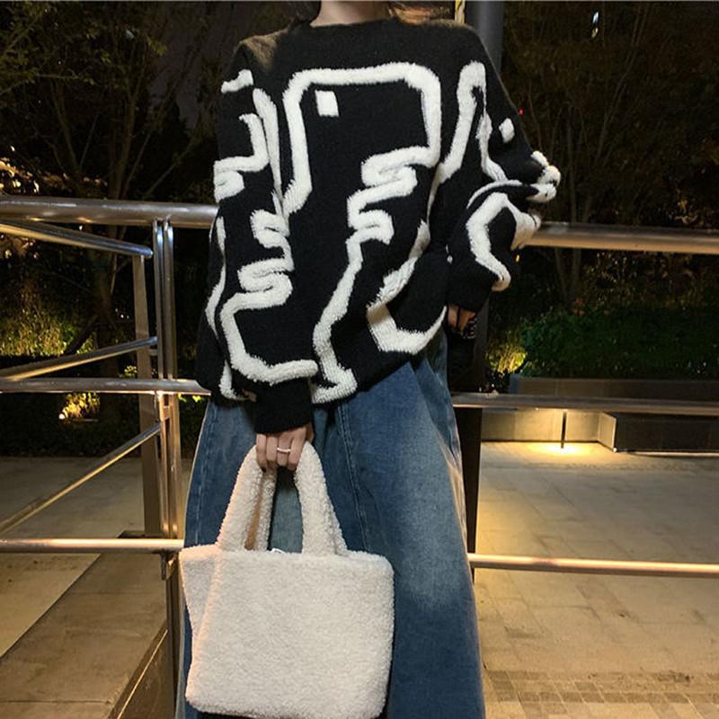 2022 New Arrival Autumn Winter Korean Style Women Casual Loose O-neck Cartoon Pullover All-matched Long Sleeve Sweater P325 alx