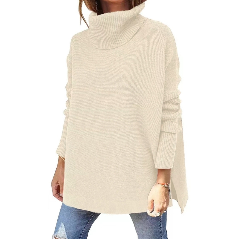 Solid Spilt Hem Tunic Sweater Vintage Turtleneck Oversized Sweaters Long Batwing Sleeves Pullover Knit Top for Women alx