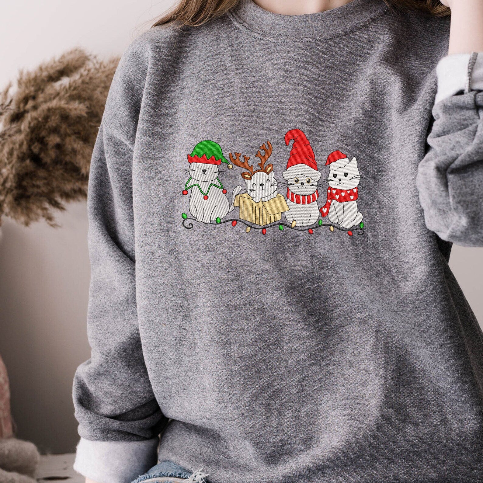 Meowy Christmas Embroidered Sweatshirt 2D Crewneck Sweatshirt All Over Print Sweatshirt For Women Sweatshirt For Men Sws5314