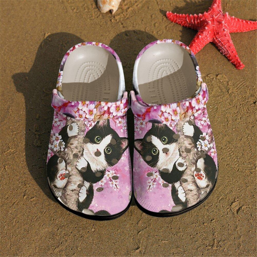 Cat Personalized Clog, Custom Name, Text, Color, Number Fashion Style For Women, Men, Kid, Print 3D Cherry Blossom Cat