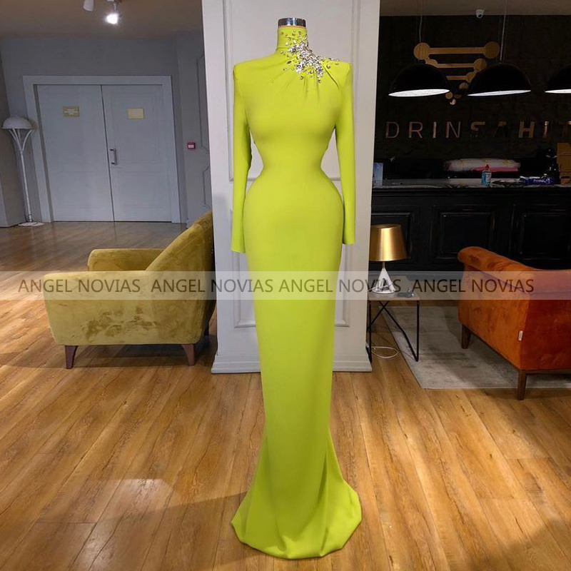 ANGEL NOVIAS Long Sleeves Mermaid Green High Neck Spandex Evening Dresses 2022 Beads Women Formal Prom Gowns Vestidos De Fiesta alx