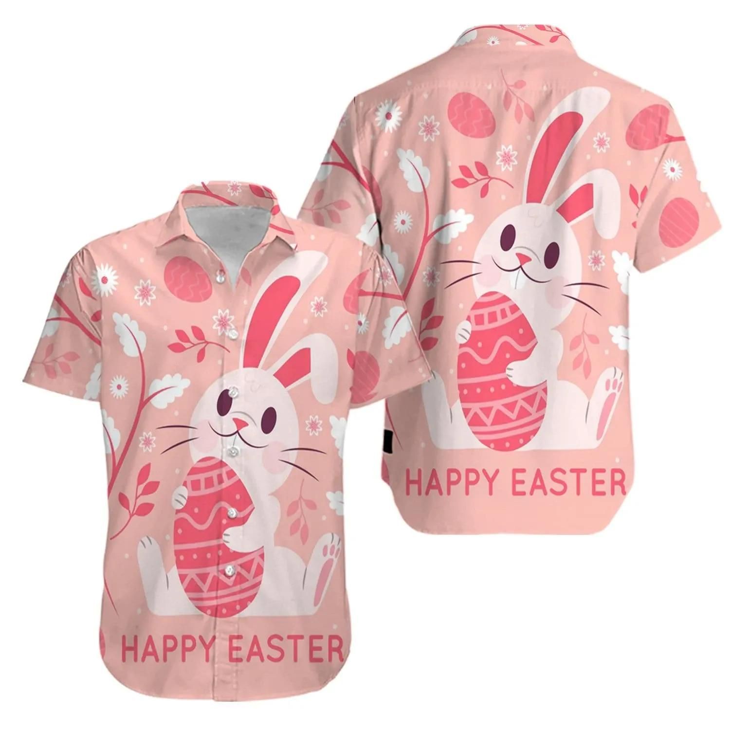 Bunny Pink Happy Easter Day Aloha Hawaiian Shirt Colorful Short Sleeve Summer Beach Casual Shirt For Men And Women