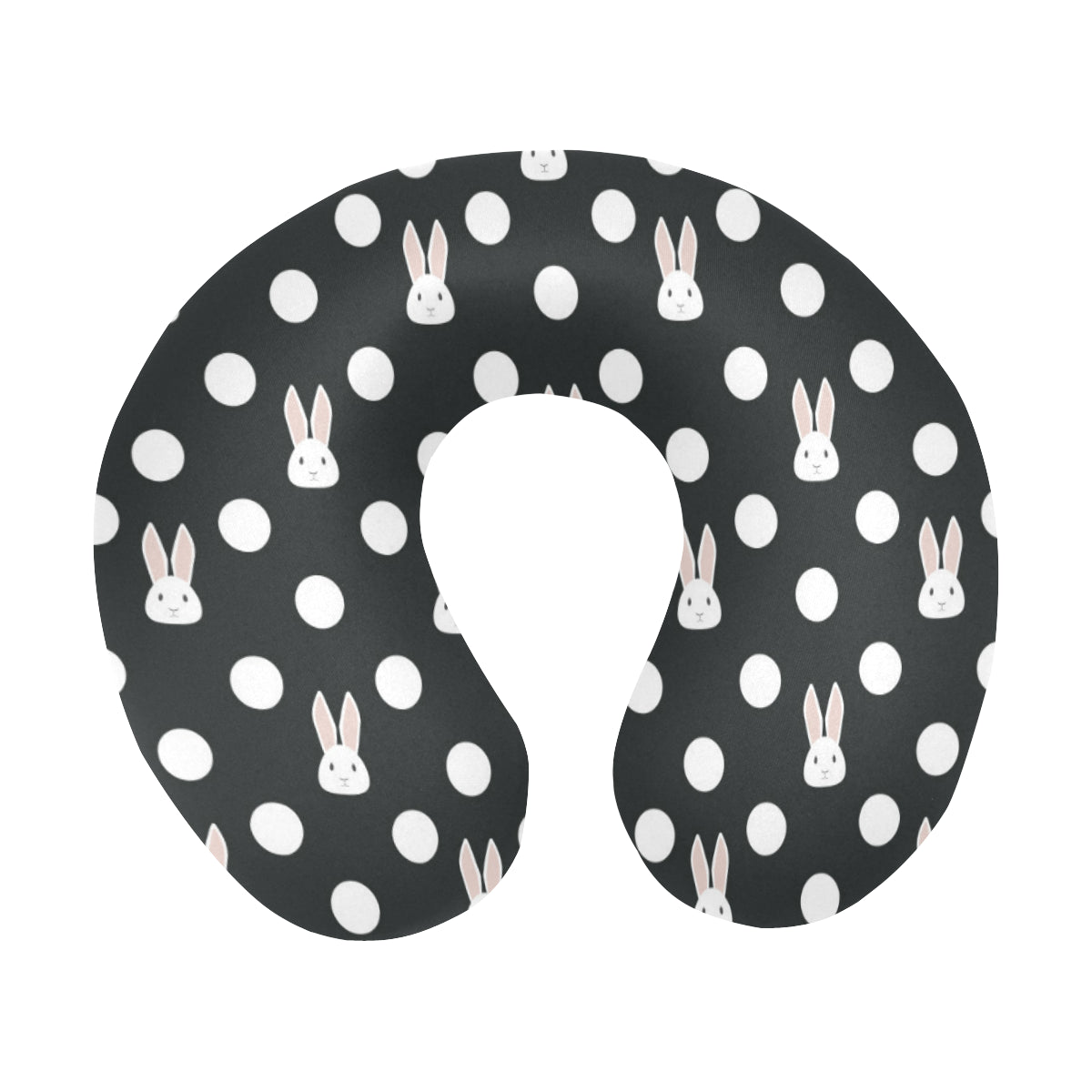 Cute White Rabbit Polka Dots Black Background U-Shaped Travel Neck Pillow