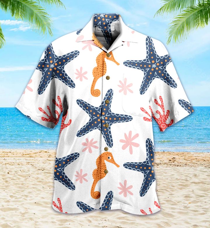 Pattern Seahorse Starfish Corals White Hawaii Shirt Ha46568