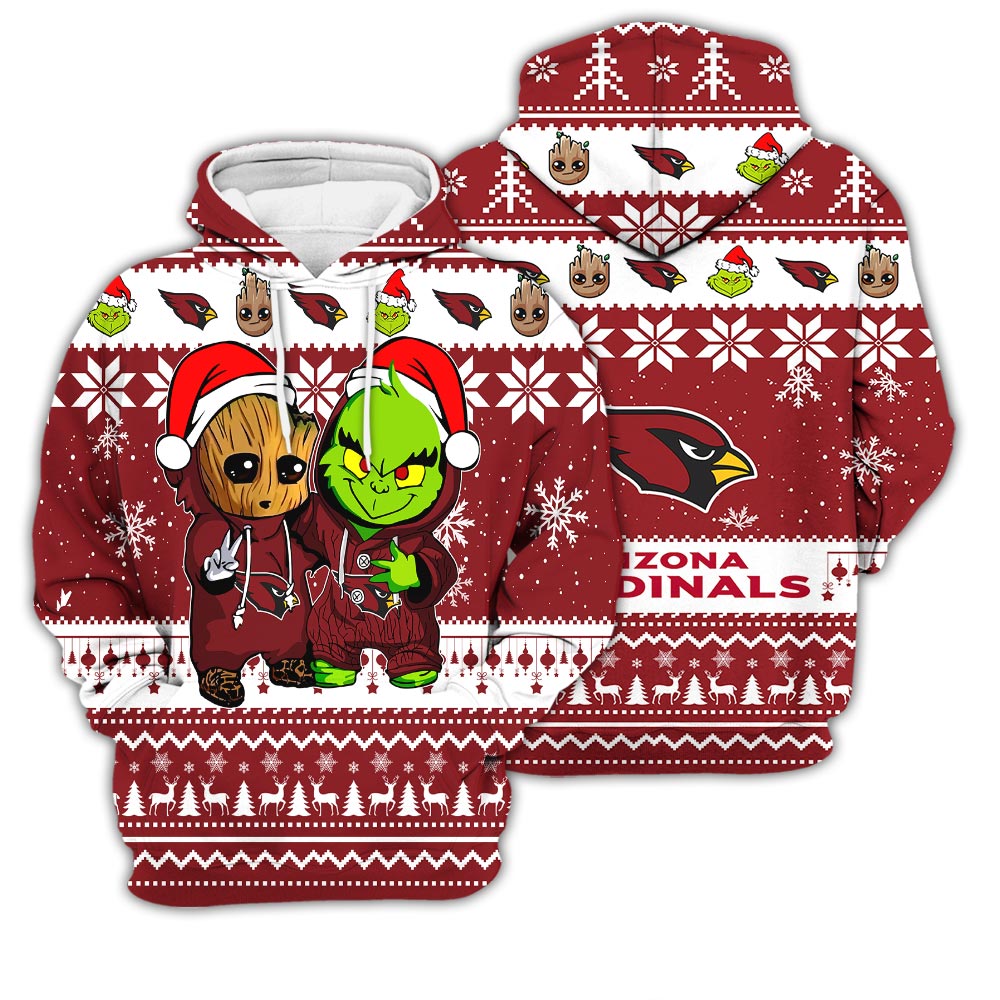 Arizona Cardinals Baby Groot And Grinch Best Friends Football American Ugly Christmas Sweater New Trends For Fans Club Gifts Unisex 3D Hoodie