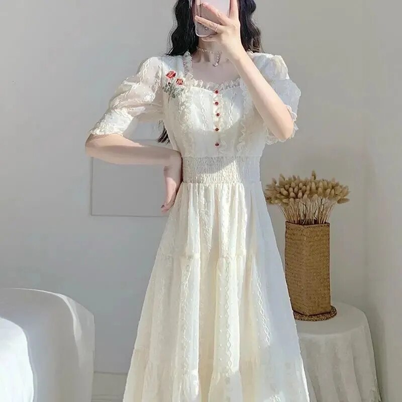 Lucyever Fashion Embroidery Floral Dress Women Elegant Lace Square Collar Party Vestidos Summer Chic Waist-Tight Midi Dress 2022 alx