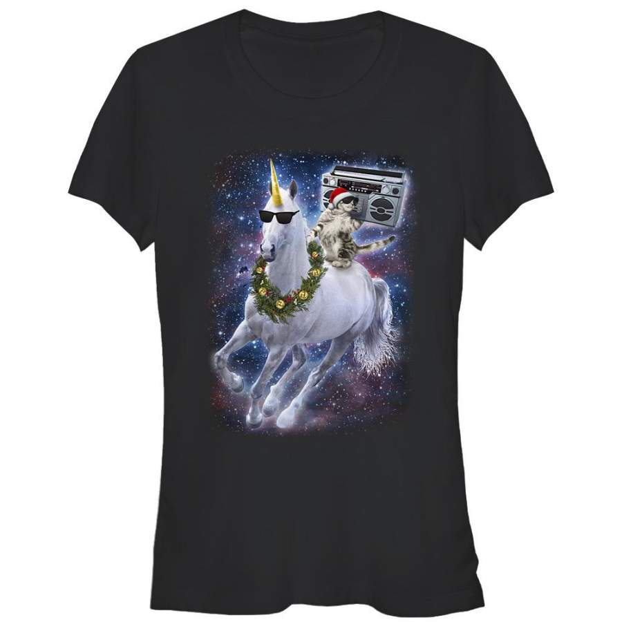 Lost Gods Junior’s Ugly Christmas Boombox Cat Unicorn  T Shirt Black