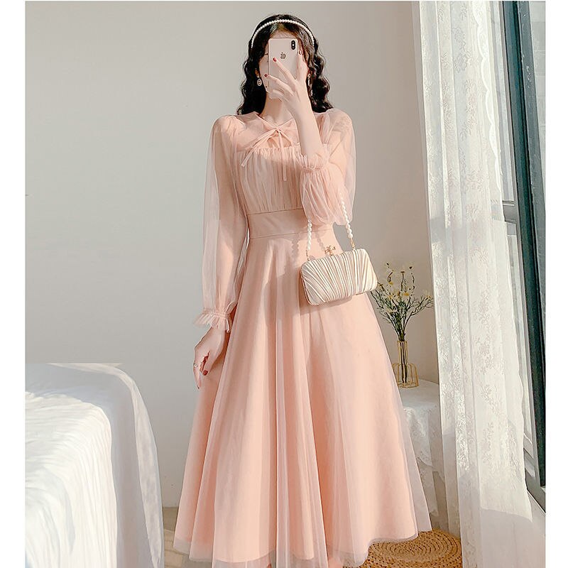 Young Style O-neck Gauze Long Sleeved Dress Empire Solid Color Elegant Graceful Chiffon Thin A-line Skirt Women’s Clothing 2022 alx