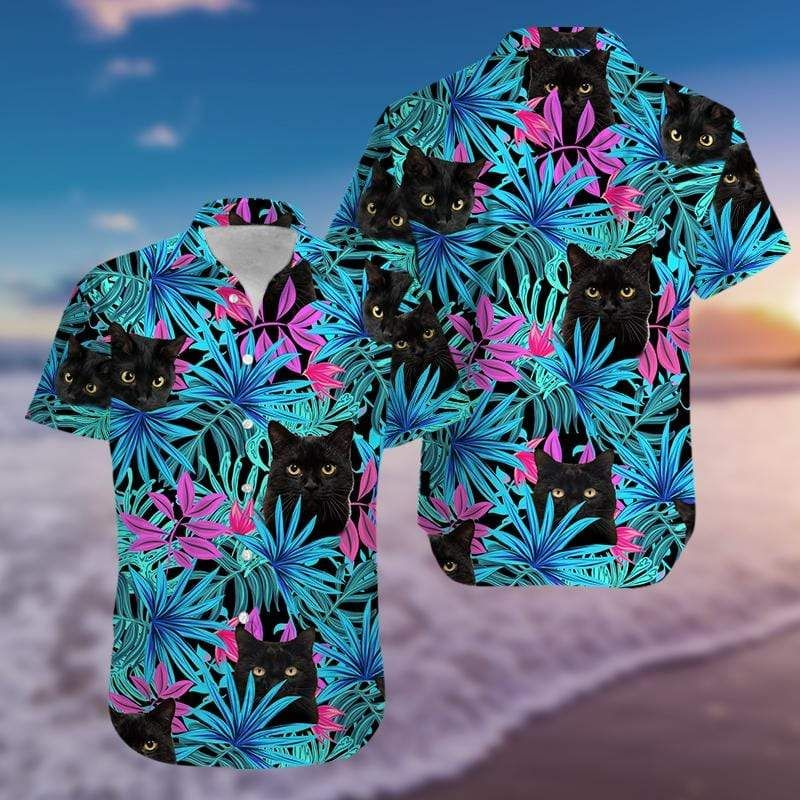 Tropical Black Cat Print Polyester Hawaii Aloha Shirts Ha96779