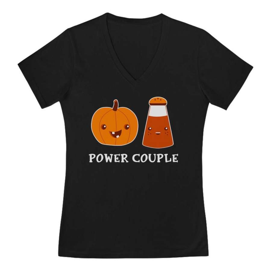 Pumpkin Spice Power Couple V-Neck Fitted Women T-Shirt