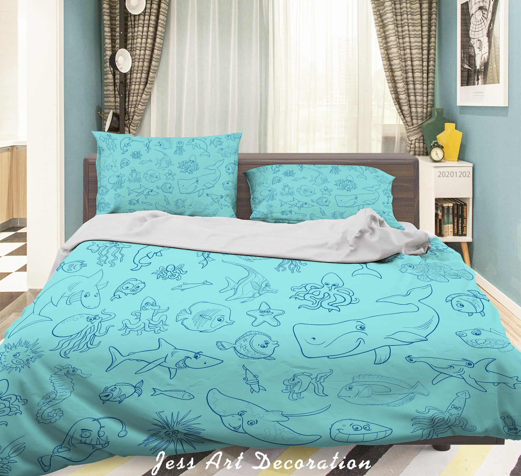 3D Hand Drawn Cartoon Ocean Whale Shark Starfish Octopus Pattern Blue Quilt Cover Set Bedding Set Duvet Cover Pillowcases Lxl