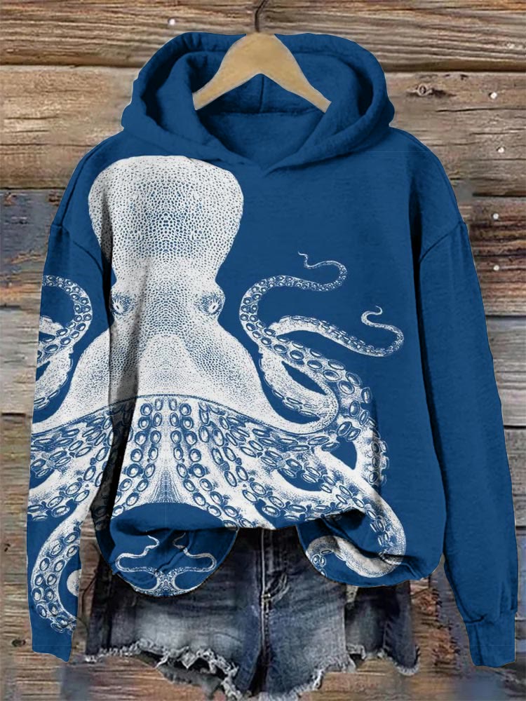 Casual Octopus Print Long Sleeve Hoodie