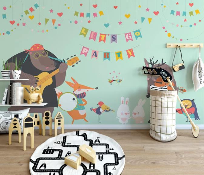 3D Cartoon Animal Party Wall Mural Wallpaper 163