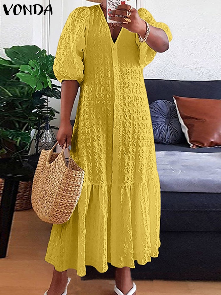 Summer Shirt Dress Women Casual Half Sleeve V Neck Button Down Pleated Long Dresses VONDA Ladies 2022 Bohemian Vestidos Robe alx