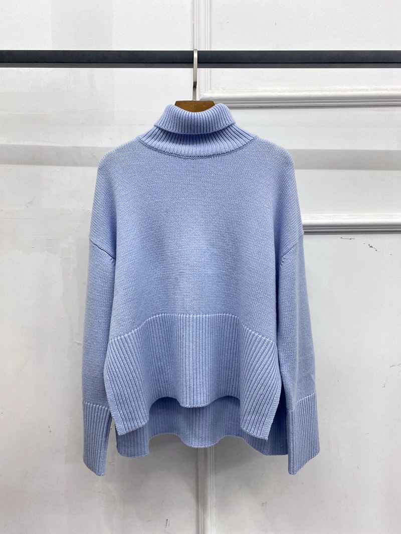 Women White Blue Turtleneck Knitted Sweater Side Slit Ladies Long Sleeve Loose Knitwear 2021 New Female All-Match Jumpers Top alx