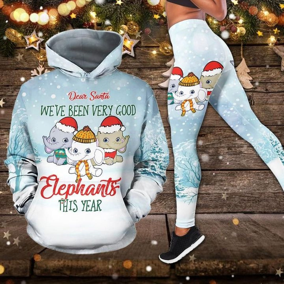 Elephants Turquoise Unique Deer Santa Christmas Legging Hoodie , Elephant Legging Hoodie