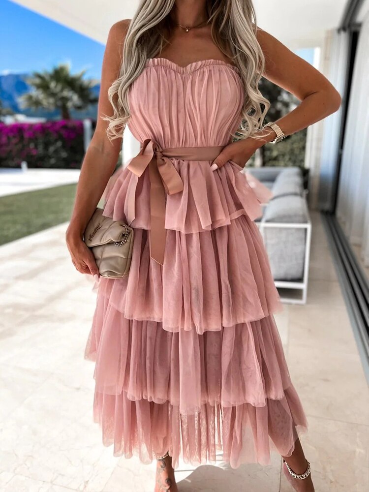 2022 Spring Off Shoulder Mesh Lace Club Party Dress Women Sexy Slash Neck Backless Long Dress Summer Hollow Ruffle Boho Dresses alx