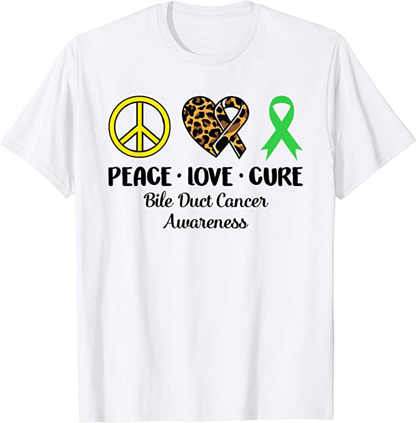 Bile Duct Cancer Awareness Peace Love Leopard Heart Ribbon T-Shirt