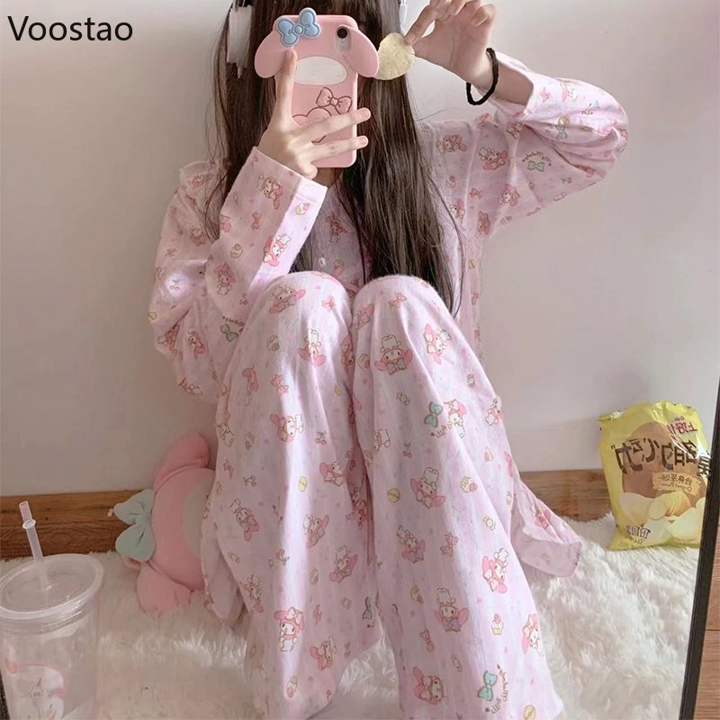 Sweet Lolita Style Pajama Set Girls Cute Cartoon Print Homewear Spring Autumn Women Harajuku Anime Tops Pants Pink Sleepwear alx