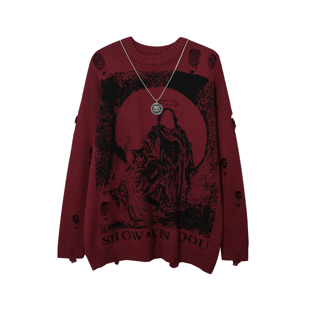 With Necklace Ripped Oversized Sweaters Frayed Knitted Harajuku 2022 Winter Tops Black Gothic Men Y2k Grunge Women Red Sweater alx