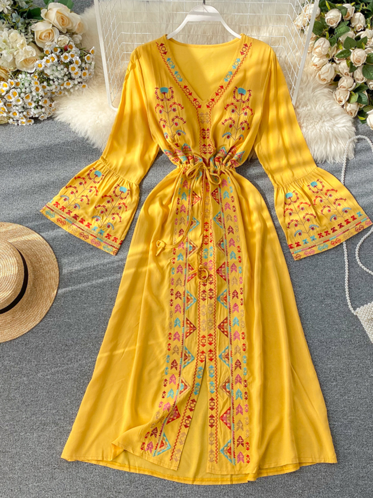 Summer Women’s Dress Heavy Industry Embroidery V-neck Drawstring Trumpet Sleeves Ethnic Style Thin Waist Long Dresses LL040 alx