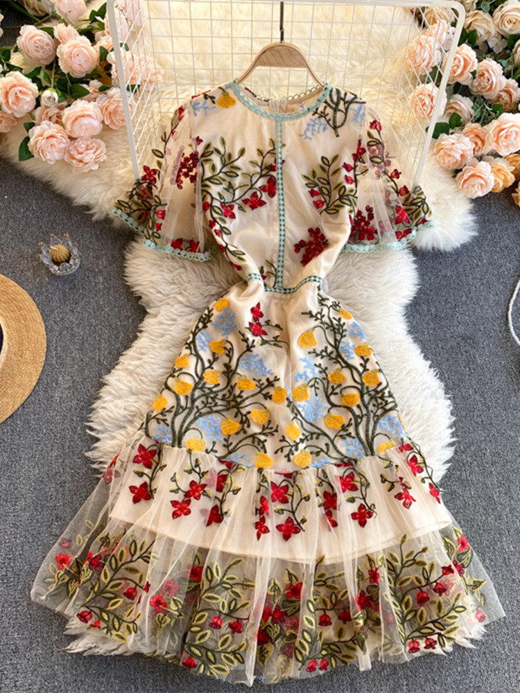 Women Elegant Mesh Lace Embroidered Flower Multicolor Mermaid Dress Short Butterfly Sleeve Ruffles Harajuku Summer Vestidos alx