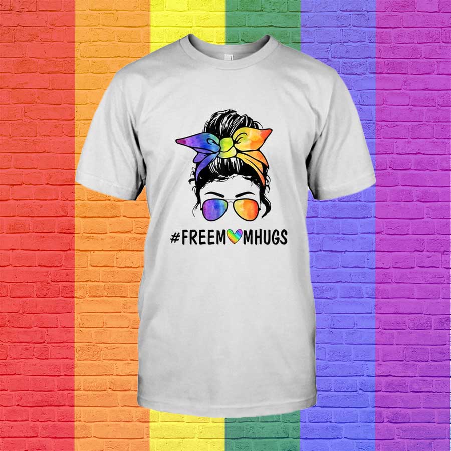 T Shirt For Gay Women, Free Mom Hugs Messy Bun Lgbt Pride Rainbow T Shirt, Pride Shirts Women