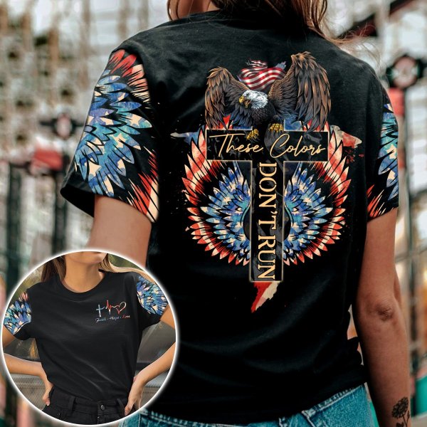These Colors Don’T Run Faith Hope Love Breast Cancer Awareness Cross Heartbeat Eagle With Angel Wings Cross Breast Cancer 3D Clothes