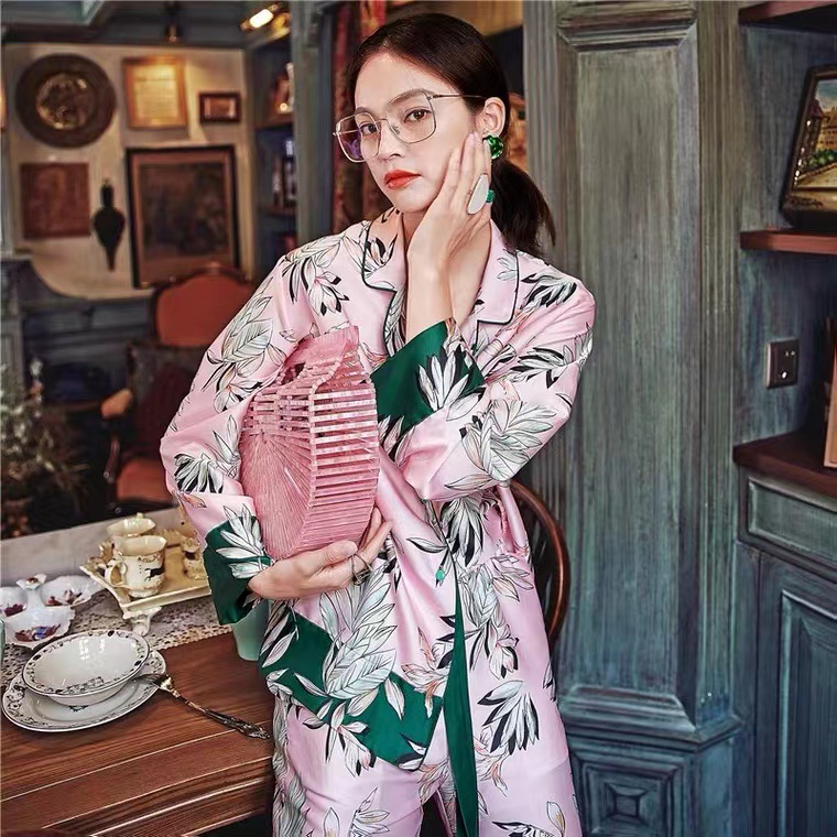 2022 Pijama Flower Print Women’s Pajama Sets V-Neck Stretch Satin Sexy Lingerie Sleepwear Pajamas Home Wear Nightwear Clothing alx