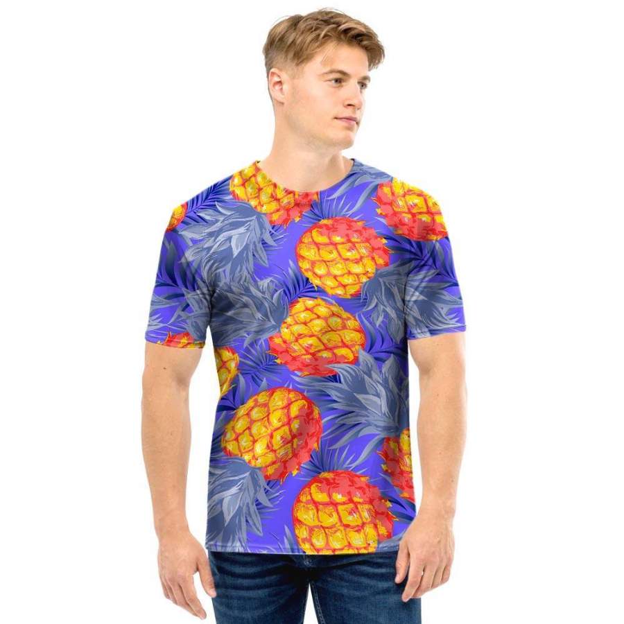 Blue Neon Pineapple Hawaii Print Men T Shirt Ha66874