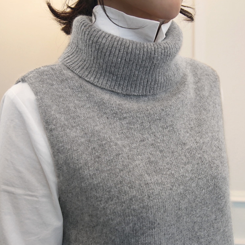 Women’s Knitted Angora Rabbit Cashmere Wool Turtleneck Vest Side Slit Winter Female Wool Sweater Sleeveless Waistcoat New Vogue alx