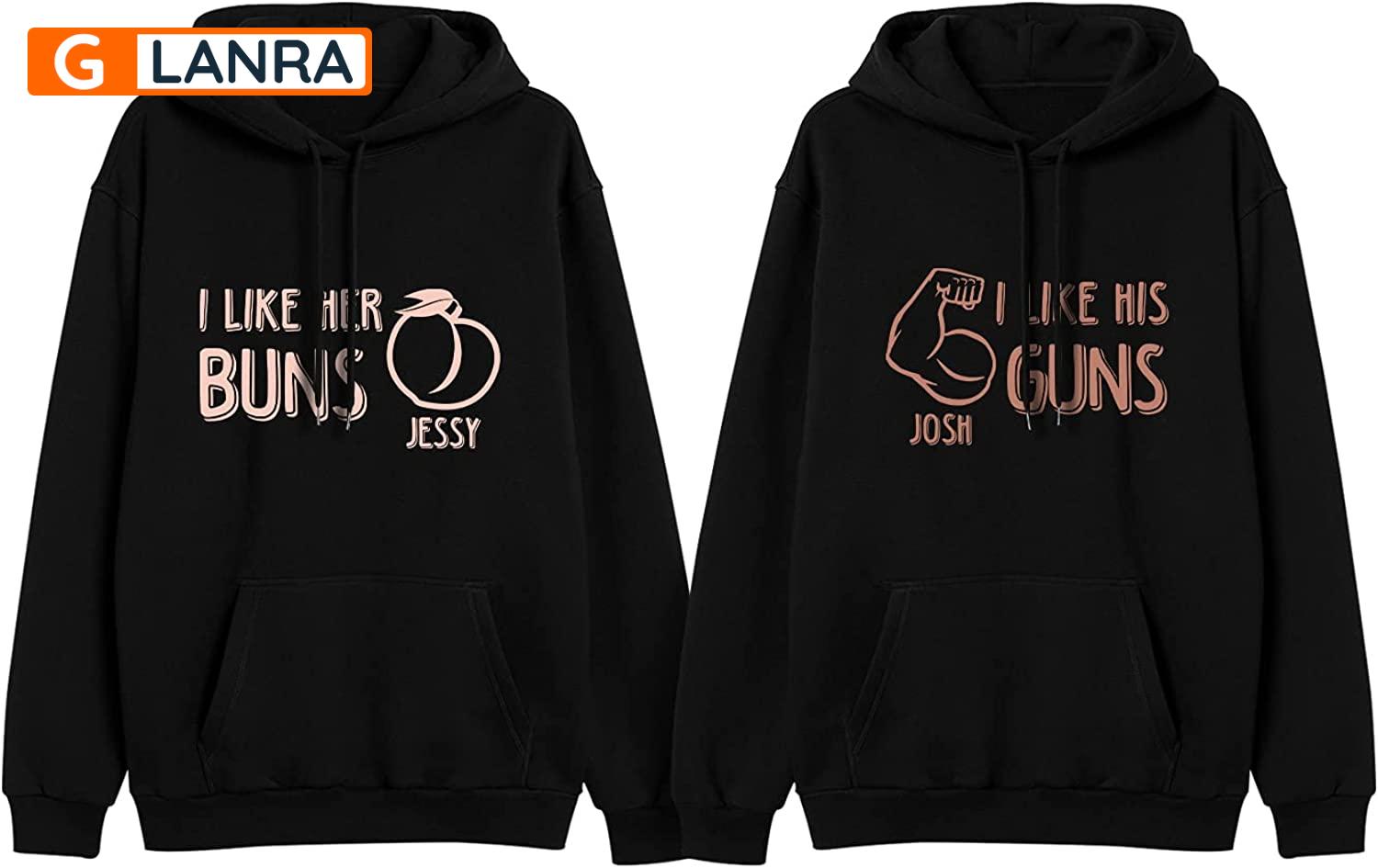 Personalized I Like Her Buns I Like His Guns Hoodie, Custom Couple Hoodie, Matching Couple Hoodie, Husband Wife Hoodie, Unisex Sweater, Sweatshirt