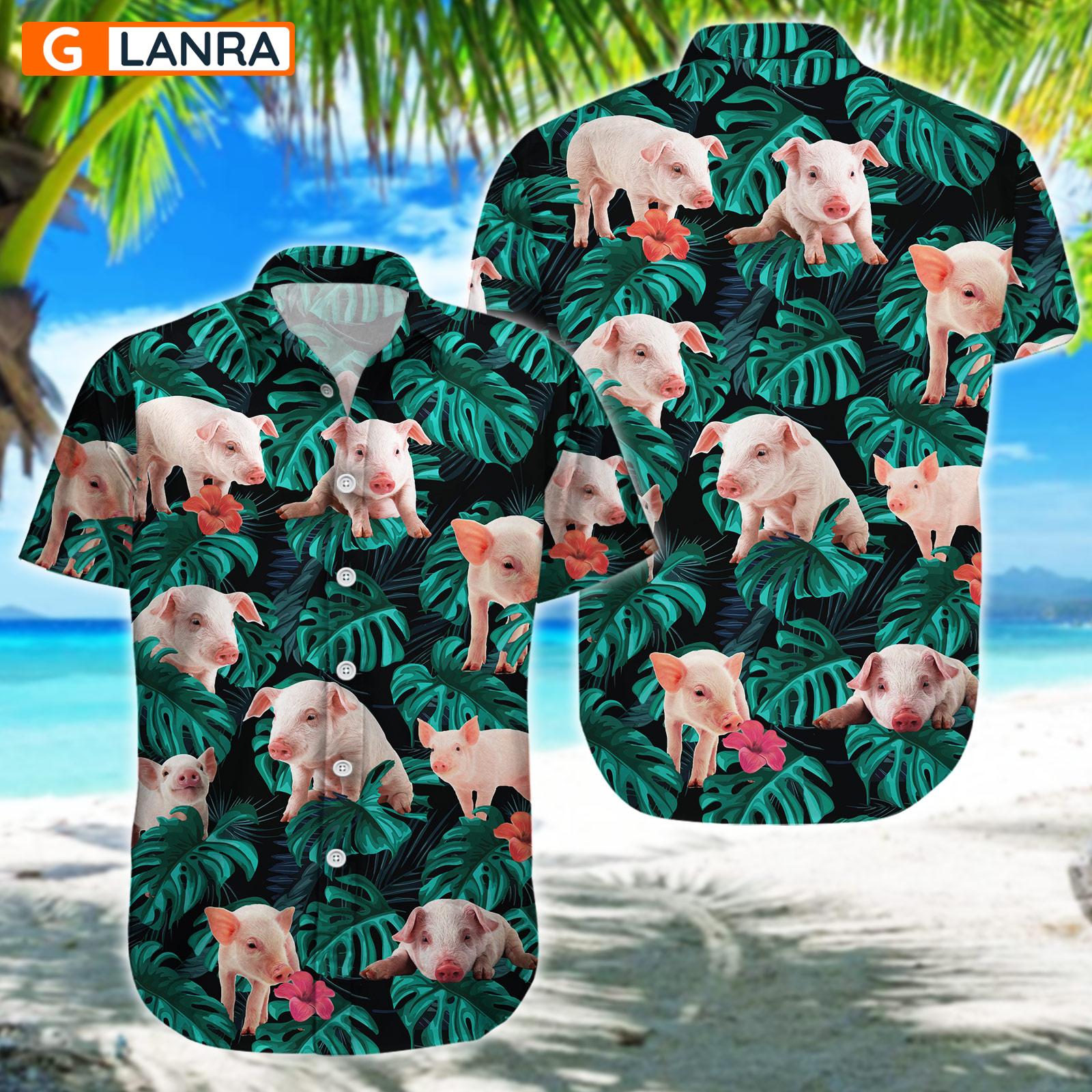 Cute Pig Palm Leaves Flower Button Shirt, Farm Pig Button Shirt, Summer Pig Hawaiian Shirt, Pig Leaf Hawaiian Shirt, Summer Tropical Shirt