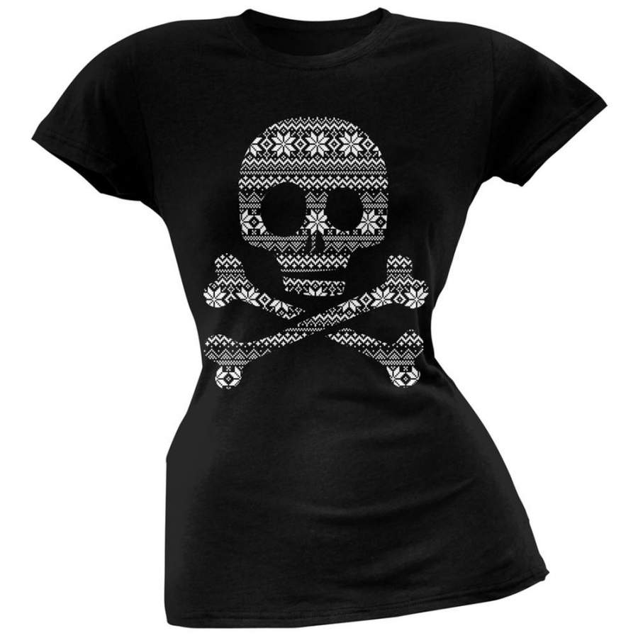 Skull & Crossbones Silhouette Ugly Christmas Sweater Black Soft Juniors T-Shirt