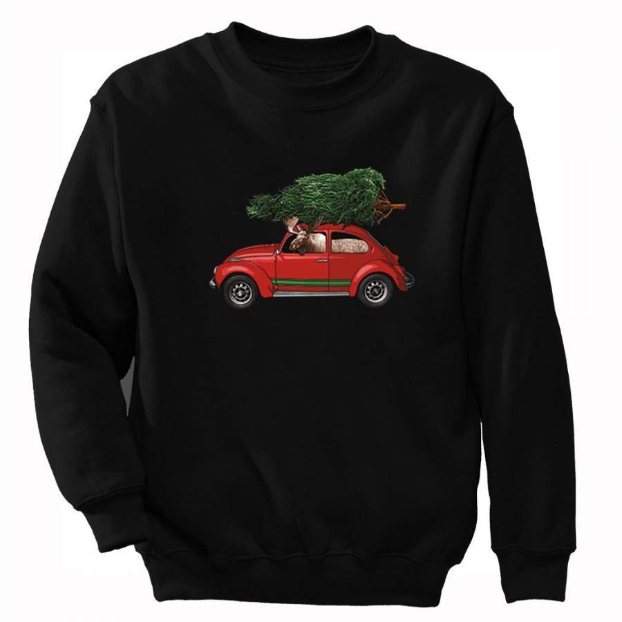 XtraFly Apparel Men’s Moose Driving Bug Tree Ugly Christmas Pullover Crewneck-Sweatshirt