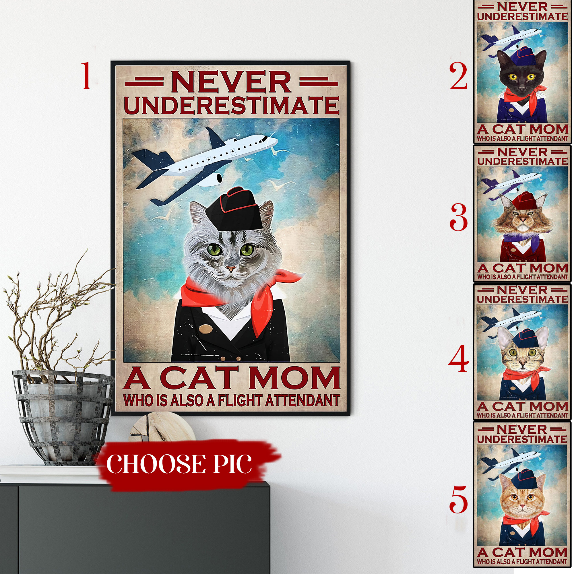 Never Underestimate A Cat Mom Who Is Also A Flight Attendant Poster, Custom Cat Mom Poster, Flight Attendant Gift