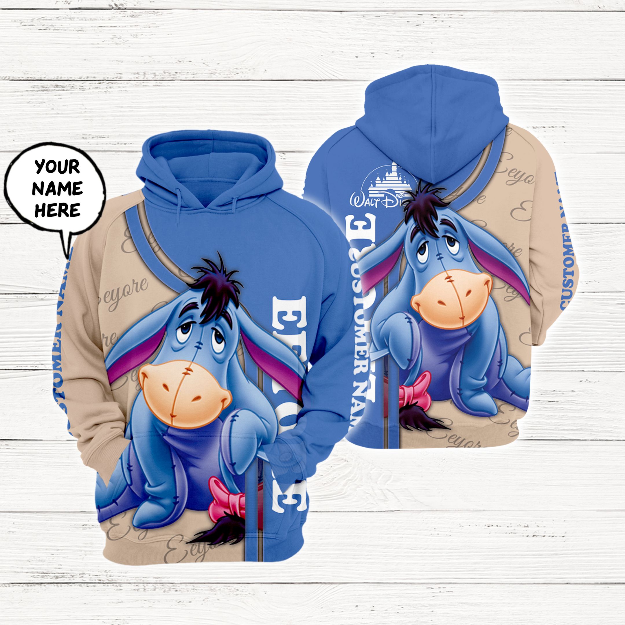 Winnie The Pooh Cartoon Eeyore Personalized Custom Name Hoodie All Over Printed 3D Unisex Men Women