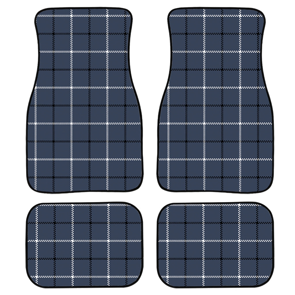 Dark Blue Tattersall Pattern Print Front And Back Car Floor Mats, Front Car Mat