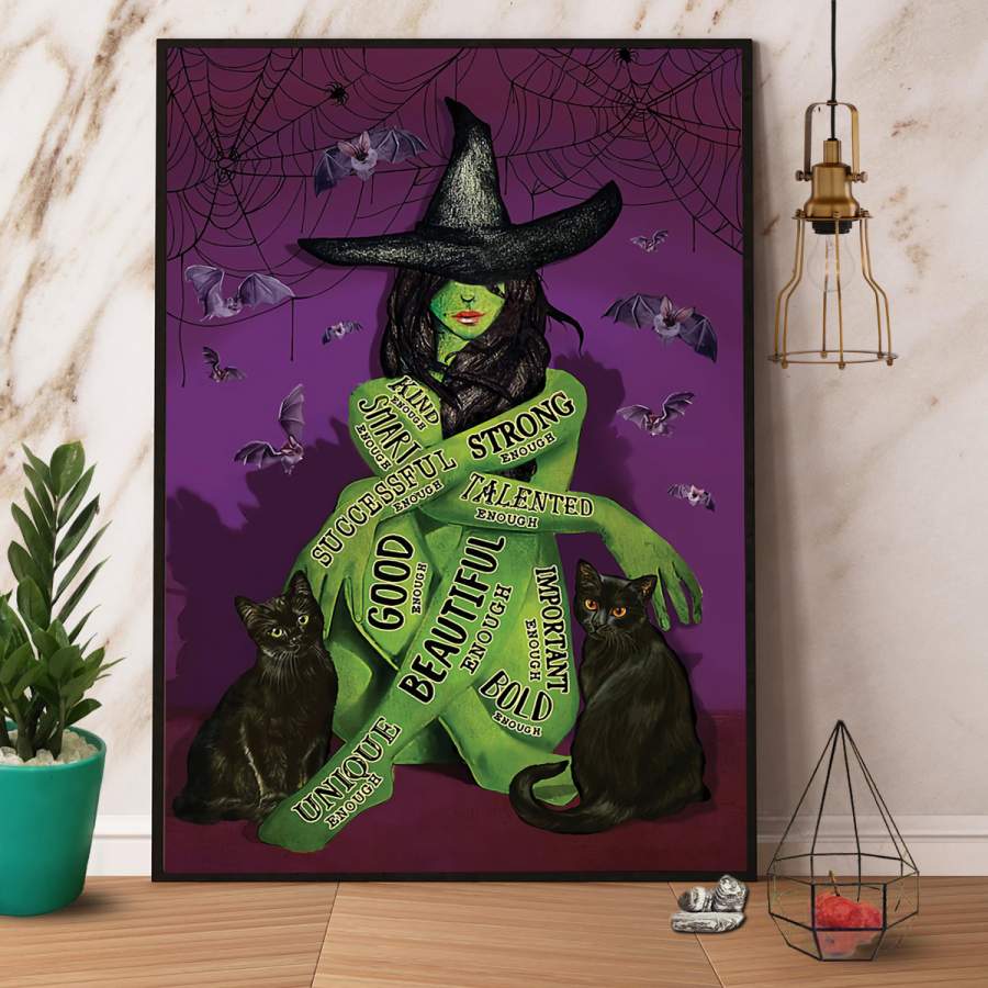 Black cat & retro green witch strong enough Halloween poster no frame/ wrapped canvas wall decor full size