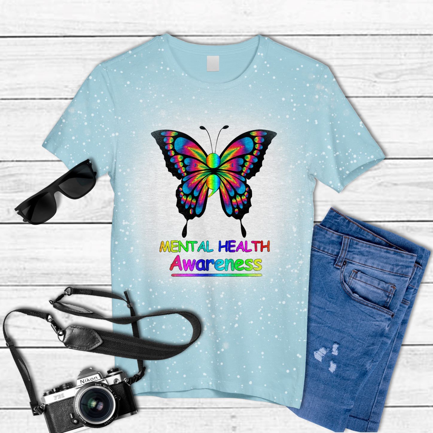 Butterfly Semicolon Mental Health Awareness Tie Dye Bleached T-Shirt