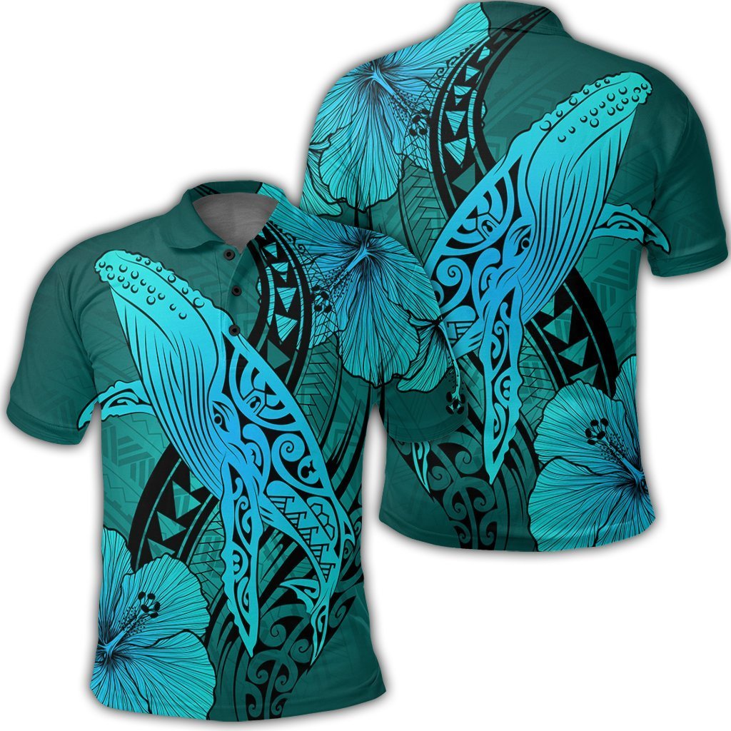 Hawaiian Map Whale Swim Hibiscus Polynesian Polo Shirt – Turquoise