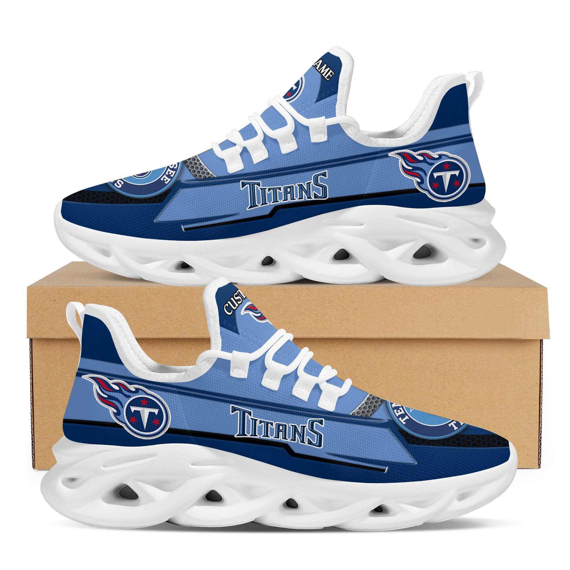 Tennessee Titansfootball Team Symbol Geometric Pattern Custom Name Personalized 3D All Over Print Max Soul Sneakers For Men And Women