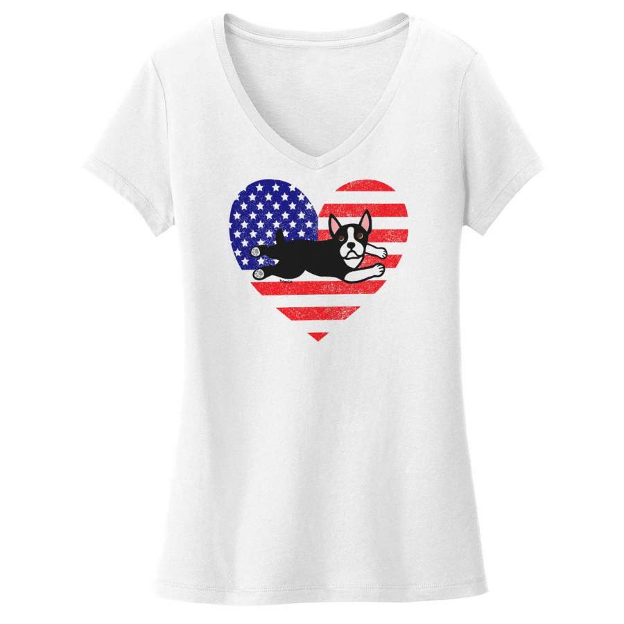 USA Flag Boston Terrier Puppy – Women’s V-Neck T-Shirt