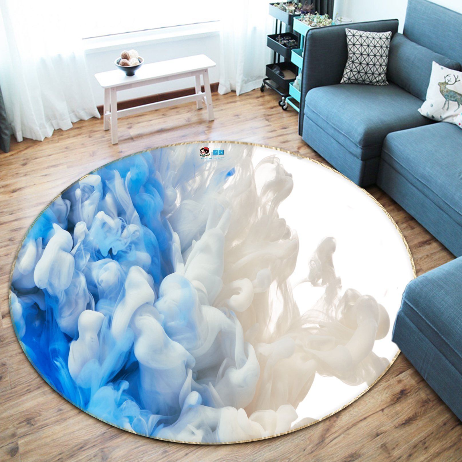 3D Blue And White Smoke 62 Round Rug – Round Carpet Home Decor