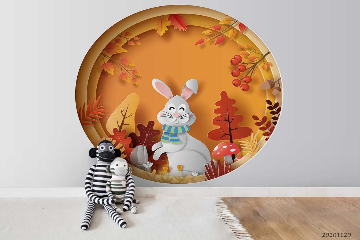 3D Cartoon Autumn Tree Plant Bunny Animal Wall Mural Wallpaper Lxl