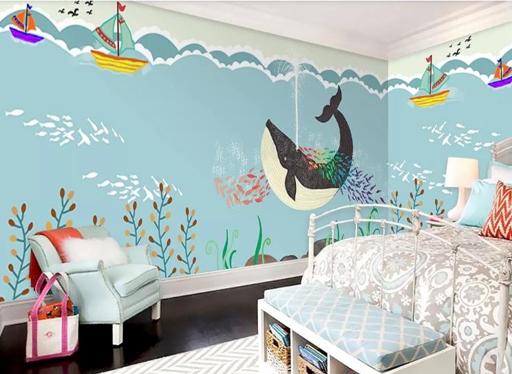 3D Cartoon Ocean Whale Ship Wall Mural Wallpaper Lqh 612