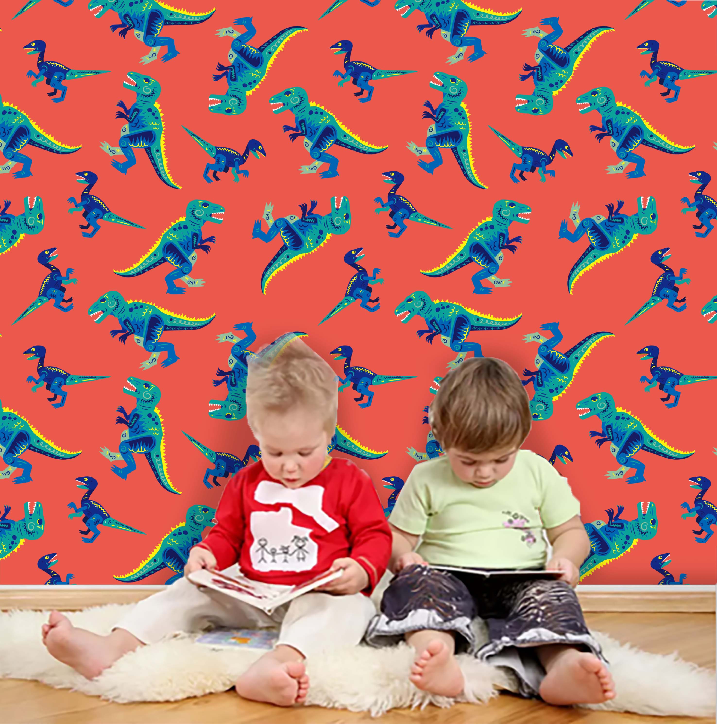 3D Dinosaur Red Background Wall Mural Wallpaper 149