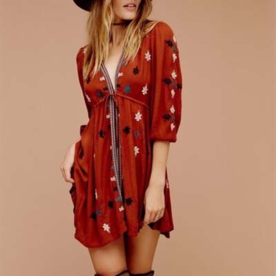 Boho Embroidery Summer Dress Vintage Sexy Cotton Women Dress Deep V-neck Long Sleeve Mini Dress A-line Vestidos Embroidered alx