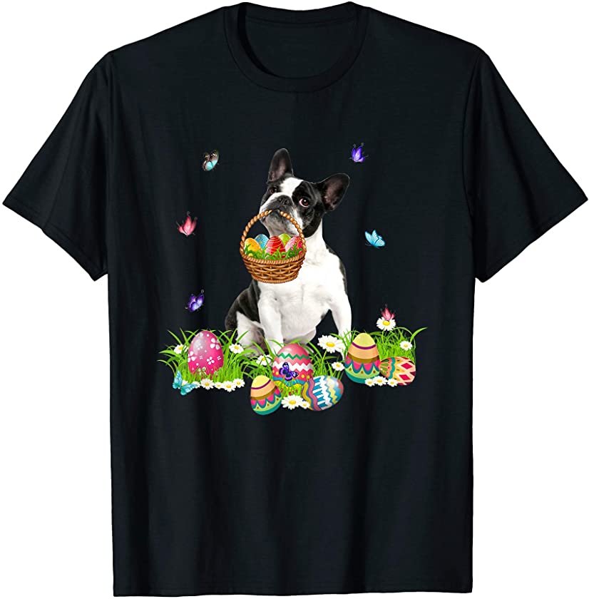 Boston Terrier Bunny Dog With Easter Eggs Basket Butterflies T-Shirt