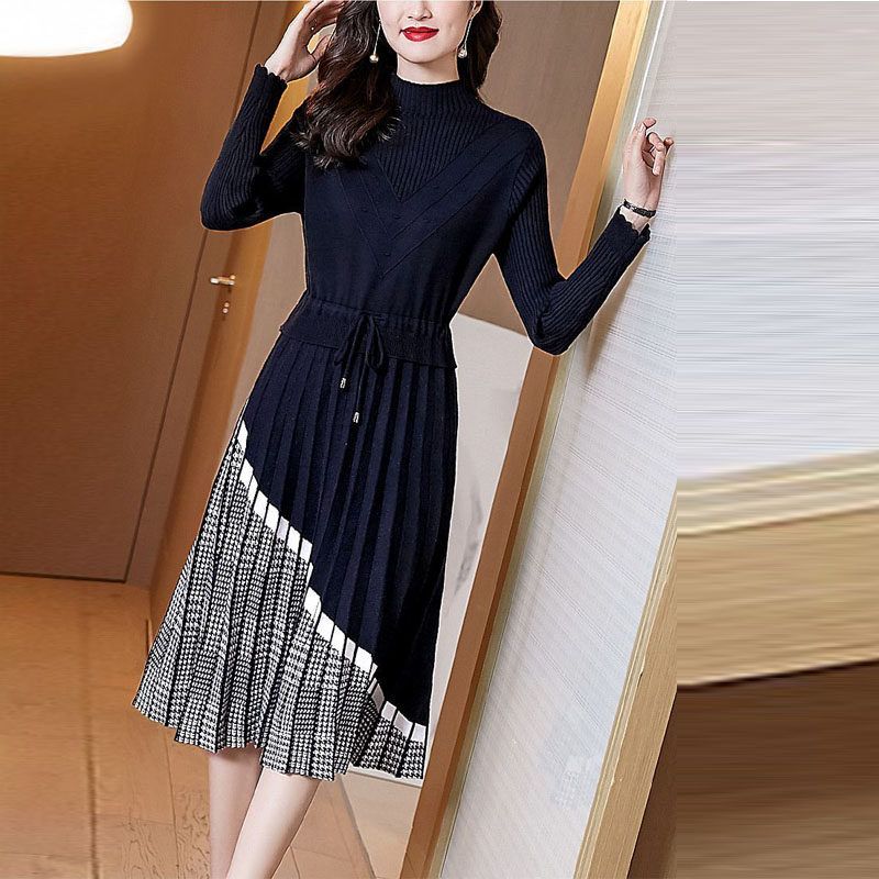 Sweater Dress Women Mid-length Autumn Winter Slim A-line Skirt with Coat Over The Knee Half High Collar Long Dresses alx